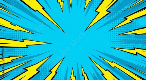 Comic book style background with radial yellow lightning bolts and light blue