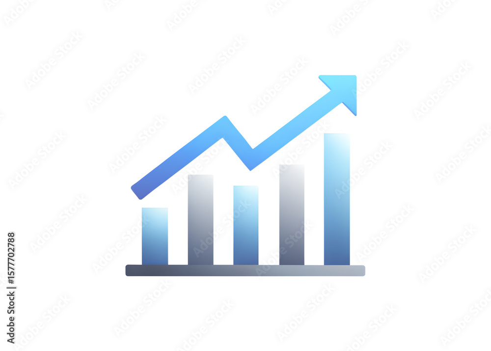 Growing bar chart with blue arrow indicates upward trend on transparent background Growing bar chart with blue arrow indicates upward trend on transparent background