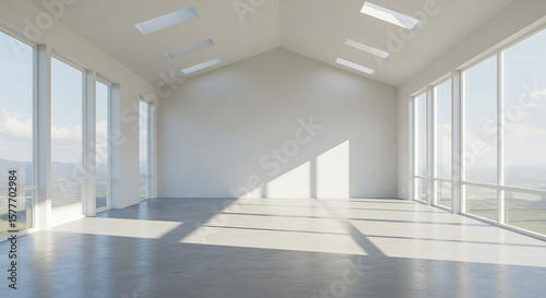Spacious, sunlit interior room with panoramic windows.