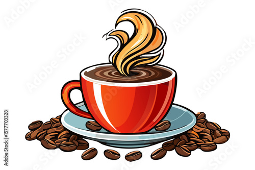 Red coffee cup on a saucer filled with coffee, realistic coffee cup with smoke, Coffee cup beverage, cafe breakfast illustration, Tasty Coffee, hot cup of coffee, coffee beans next to the cup