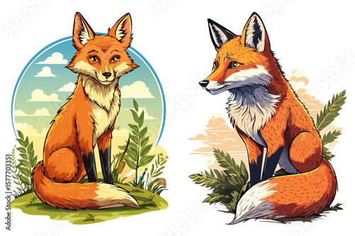 Red fox (Vulpes vulpes) Red sitting fox with puffy tail, Cute cunning forest animal, An illustration of a red fox with a white chest and tail sitting against a white background
