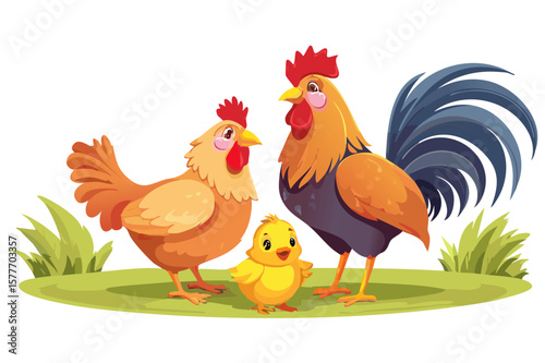 Cute farm animal, father rooster and mother hen with little yellow chicks,cagricultural bird or poultry, cock and mother hen with her chicks, happy father rooster walking with her cute little chicks
