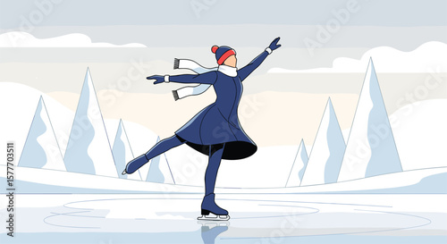 A figure skater glides gracefully across an icy rink during a snowy winter day