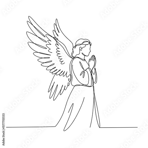 Angel praying with wings in simple line art style  