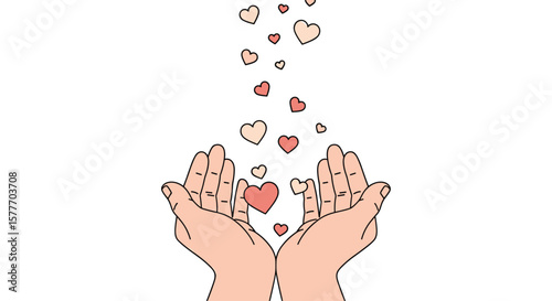 Sharing generous love and kindness through open palms overflowing with tiny hearts falling gently from above
