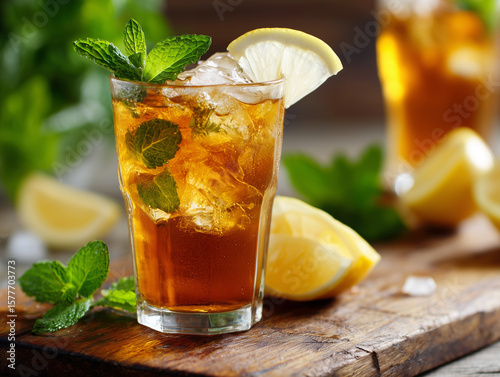 Fresh iced tea with mint and lemon slice