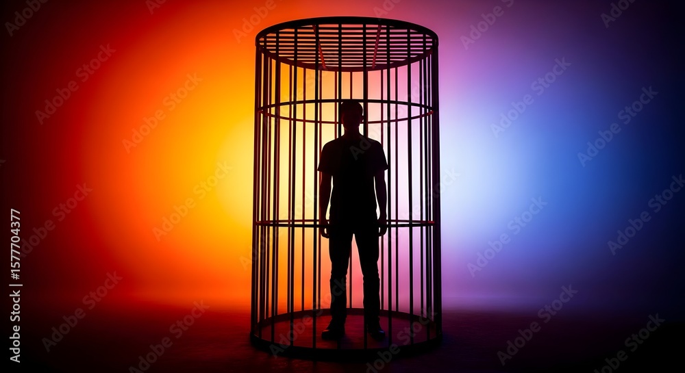 Fototapeta premium Social Barrier Concept , a person enclosed in a cage with colors suggesting emotional barrier