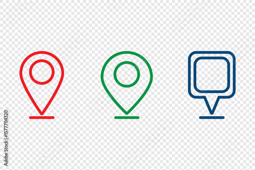 Location icon, map pin icons in outline styles. For maps, GPS, navigation apps, location markers. A placemark, pointer, or marker on a geolocation map. A designation of an address or GPS location. 