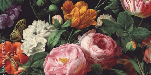 Vintage Botanical Illustration of Colorful Flowers on Dark Background.
