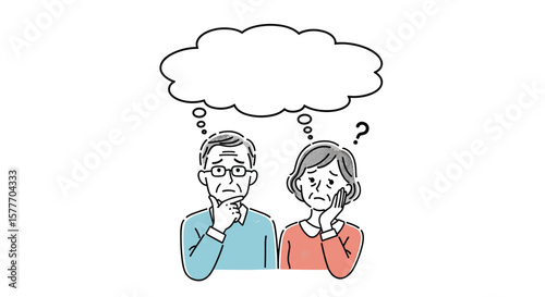 Elderly couple contemplating a difficult decision or problem with a thought bubble above their heads symbolizing contemplation and indecision