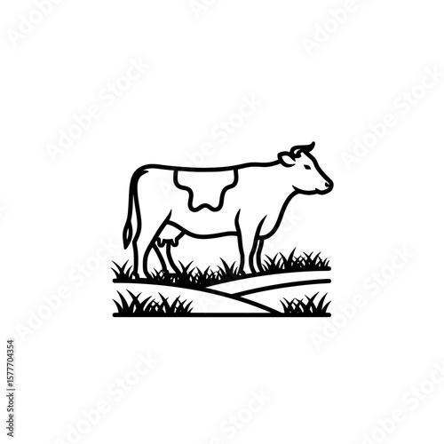 Line drawing of a cow standing on grassy land