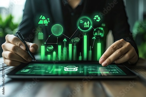 Using Tablet with ESG Green Graph, Charts Icons. Sustainable Development Concept
