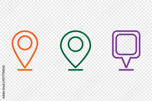 Location icon, map pin icons in outline styles. For maps, GPS, navigation apps, location markers. A placemark, pointer, or marker on a geolocation map. A designation of an address or GPS location. 