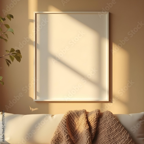 Minimalist Scandinavian pastel tone photo frame. Minimal photo frame mock up with sunlight and shadow. Clean and simple style home decoration. Aesthetic interior design. relax and chill. key up.