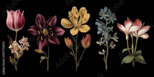 Vintage Botanical Illustration of Colorful Flowers on Dark Background.