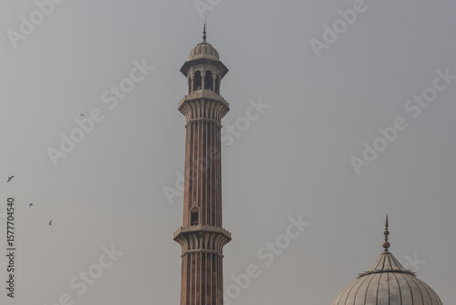 View of a minaret and dome of a mosque piercing the sky, with birds dotting the misty air, showcasing the architectural majesty, New Delhi, Delhi Division, India.