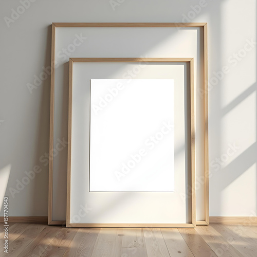 Minimalist Scandinavian pastel tone photo frame. Minimal photo frame mock up with sunlight and shadow. Clean and simple style home decoration. Aesthetic interior design. relax and chill. key up.