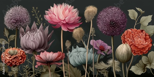 Vintage Botanical Illustration of Colorful Flowers on Dark Background.