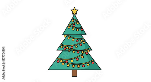 Decorated evergreen tree adorned with twinkling festive lights and a shining star ornament on top during the holiday season