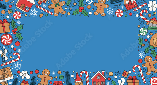 Festive holiday border featuring gingerbread cookies candy canes holly berries and snowflakes on a blue background for christmas celebrations