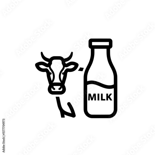 Cow and milk bottle outline for dairy farm or livestock themes