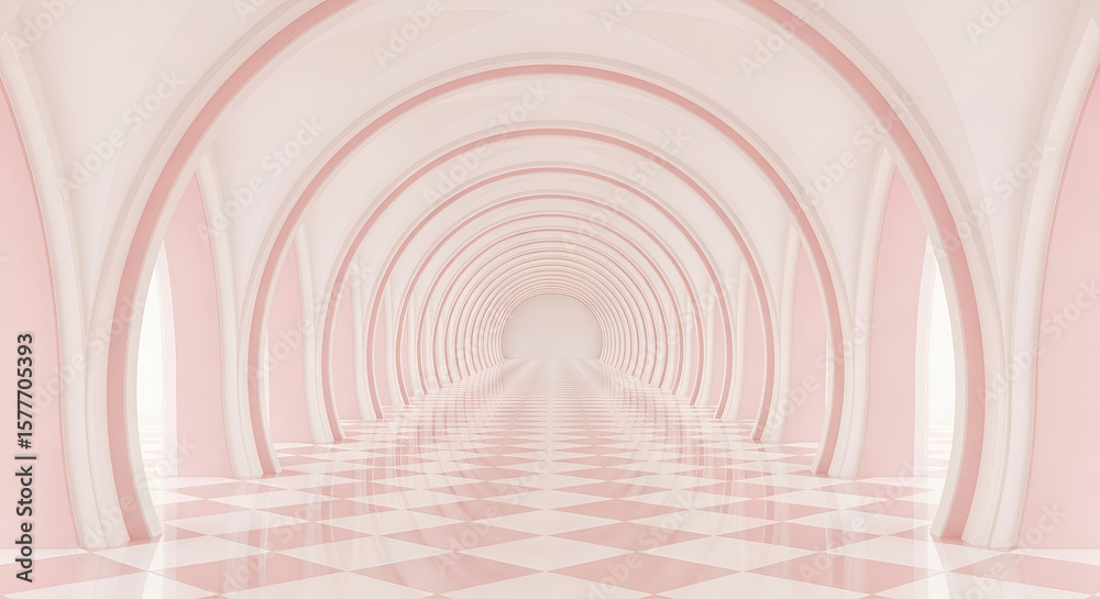Naklejka premium Infinite Blush Pink Archway Hallway Surreal Architectural Visualization