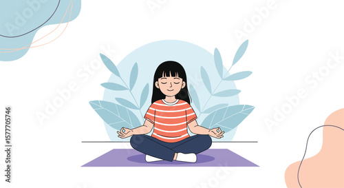 A young woman sits in a serene meditation pose on a mat surrounded by abstract shapes and stylized foliage promoting inner peace and mindfulness