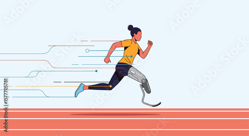 Athlete with prosthetic leg running fast on track achieving goals and winning races demonstrating strength and determination
