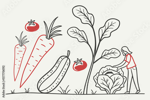 Illustration of a person harvesting vegetables in a garden