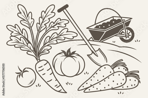 A garden scene with fresh vegetables and gardening tools