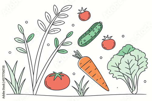 A colorful garden scene with tomatoes, carrots, and cucumbers growing