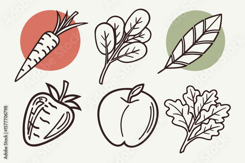 A simple line art illustration of various fruits and vegetables