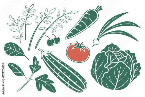 A colorful line drawing of garden fresh vegetables