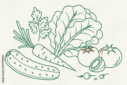 A line drawing of fresh vegetables including carrots and tomatoes