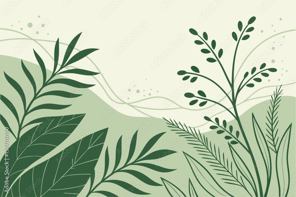 Naklejka premium A green botanical background with tropical leaves and abstract shapes