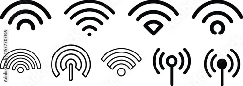 A versatile set of black Wi-Fi and wireless signal icons, representing internet, connectivity, and communication technology.
