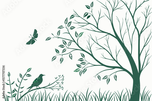 A green silhouette of a tree with butterfly and bird
