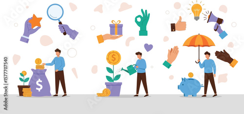 Vector art of a vector illustration depicting financial growth, investment strategies, and wealth management through various symbolic elements isolated on white background