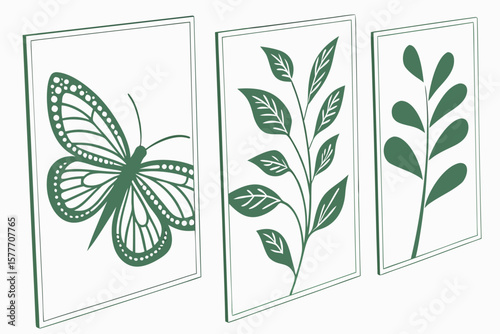 Three framed botanical illustrations featuring a butterfly and leafy plants