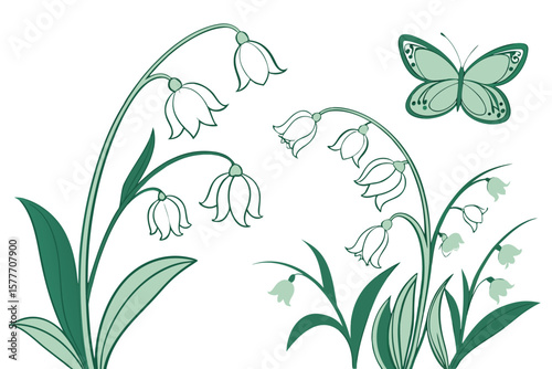 Green floral design with flowers and a butterfly isolated on white background