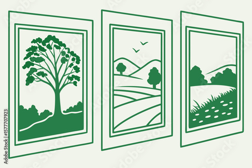 Three framed landscape illustrations hang on a wall in a gallery