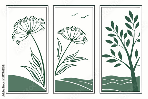 Three panels depict botanical scenes with plants, birds, and landscapes