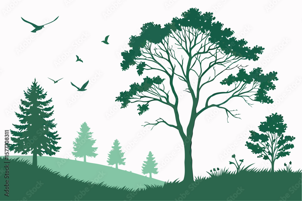 Obraz premium A green silhouette of trees and birds in a natural landscape