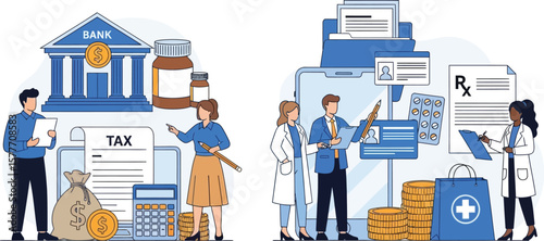 Vector art of a vector illustration shows banking, tax, and online pharmacy services, depicting finance, medical, and business aspects with doctors, prescriptions, and digital technology