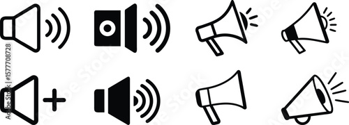 A versatile collection of black and white speaker and megaphone icons for sound, volume control, and public announcements.