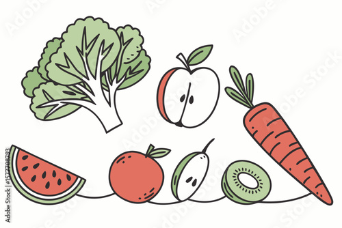 A colorful illustration of fresh fruits and vegetables