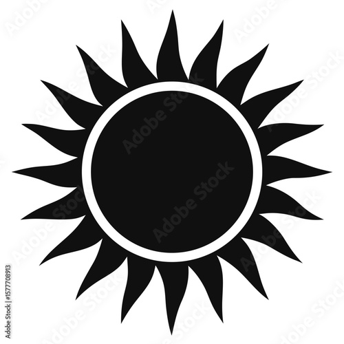 Black Silhouette Sun Icon for Light Mode UI — Minimalist Vector Symbol for Interface, Mobile App, Settings Button, Flat Design, Monochrome EPS Graphic, Simple Sunlight Illustration
