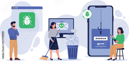 Vector art of a series of illustrations depict cybersecurity threats, including phishing, viruses, and malware, with people taking action to protect their data and devices