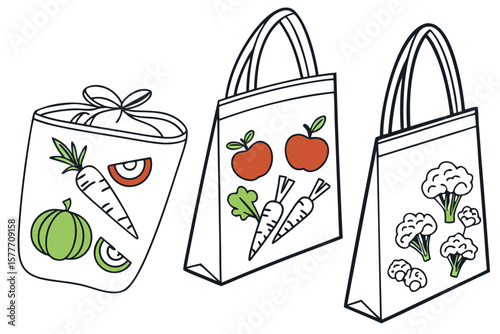 Three reusable shopping bags filled with fresh produce are displayed
