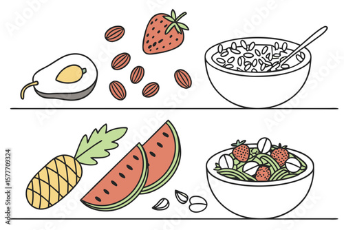A colorful assortment of fruits and grains are arranged on two shelves
